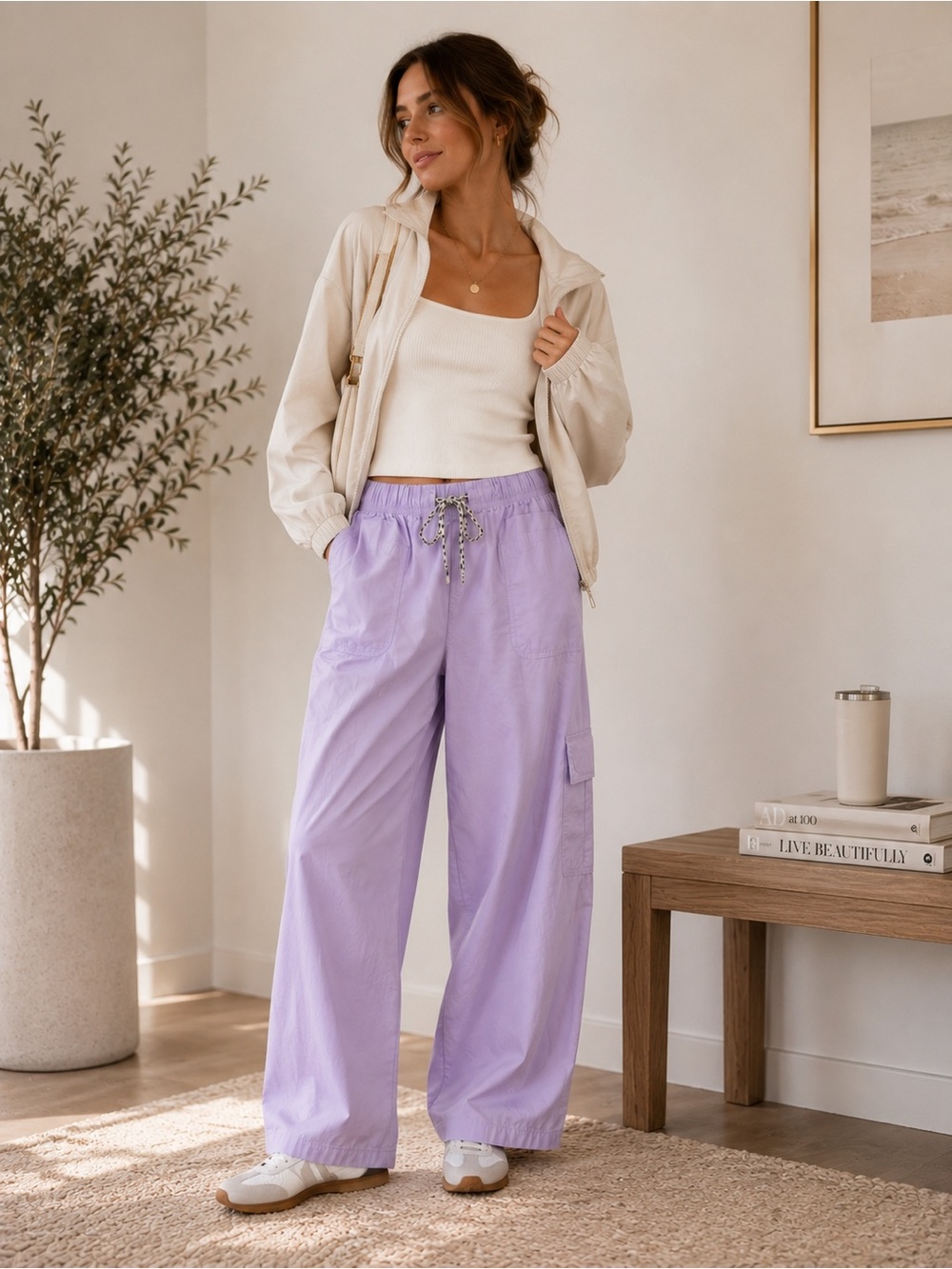 Aerie Lilac Cotton Wide Leg Cargo Pants | Drawstring Waist | Size Small - Picture 1 of 8